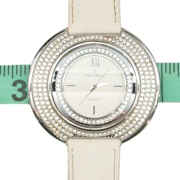 Peugeot Couture Crystal Accented White Leather Band Curved Case Watch